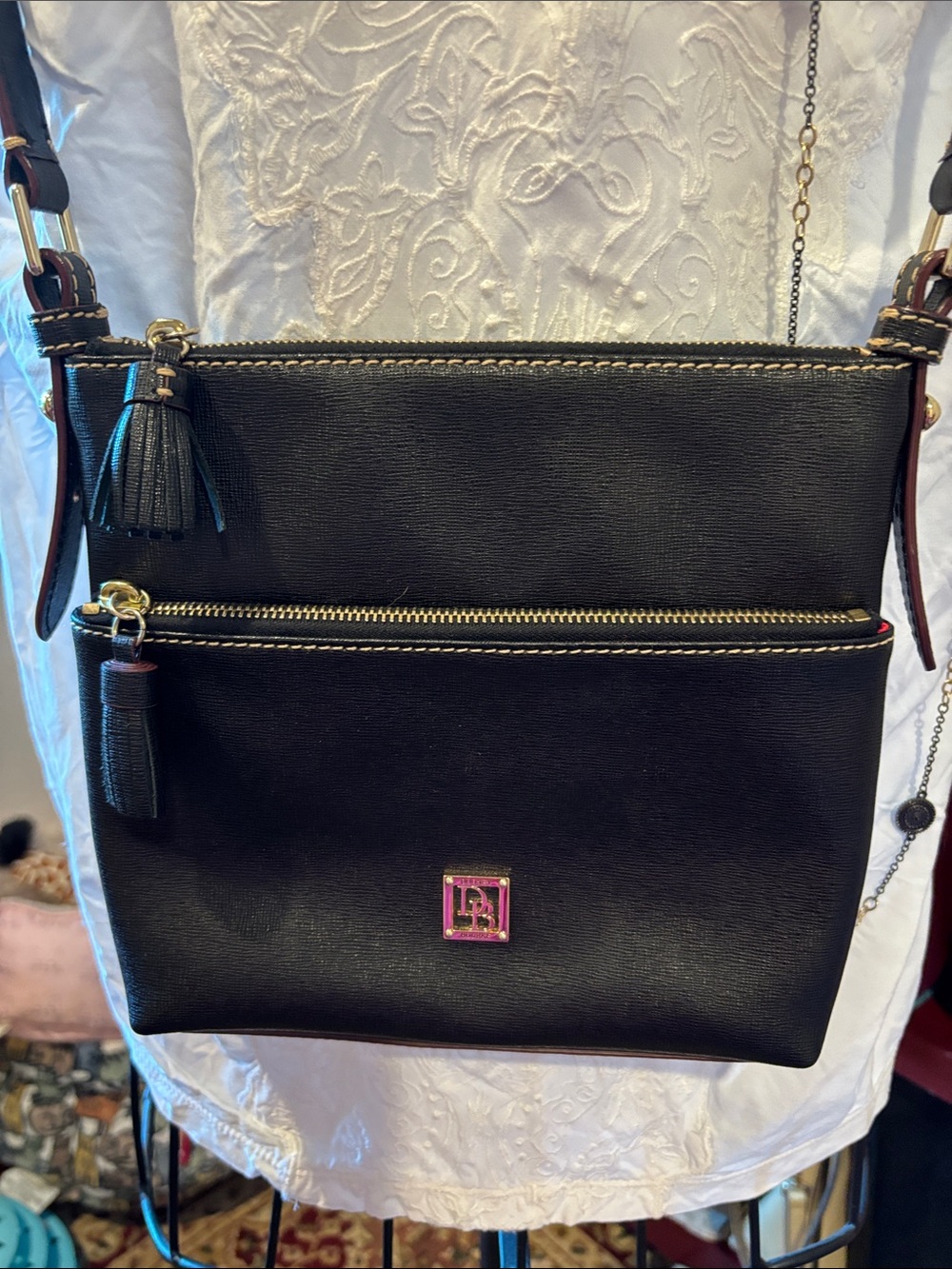 Dooney & Bourke Black Leather Shoulder Bag with Gold Logo